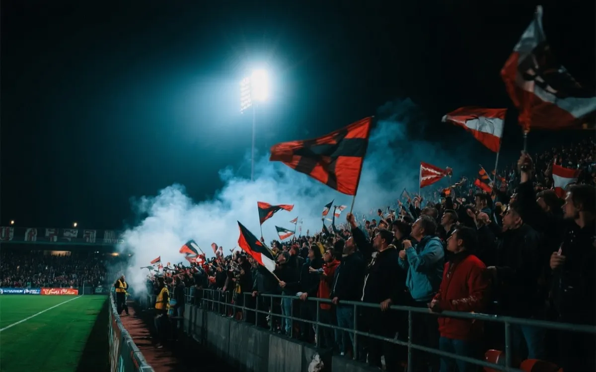 夜间球场看台上挥舞旗帜的人群与聚光灯