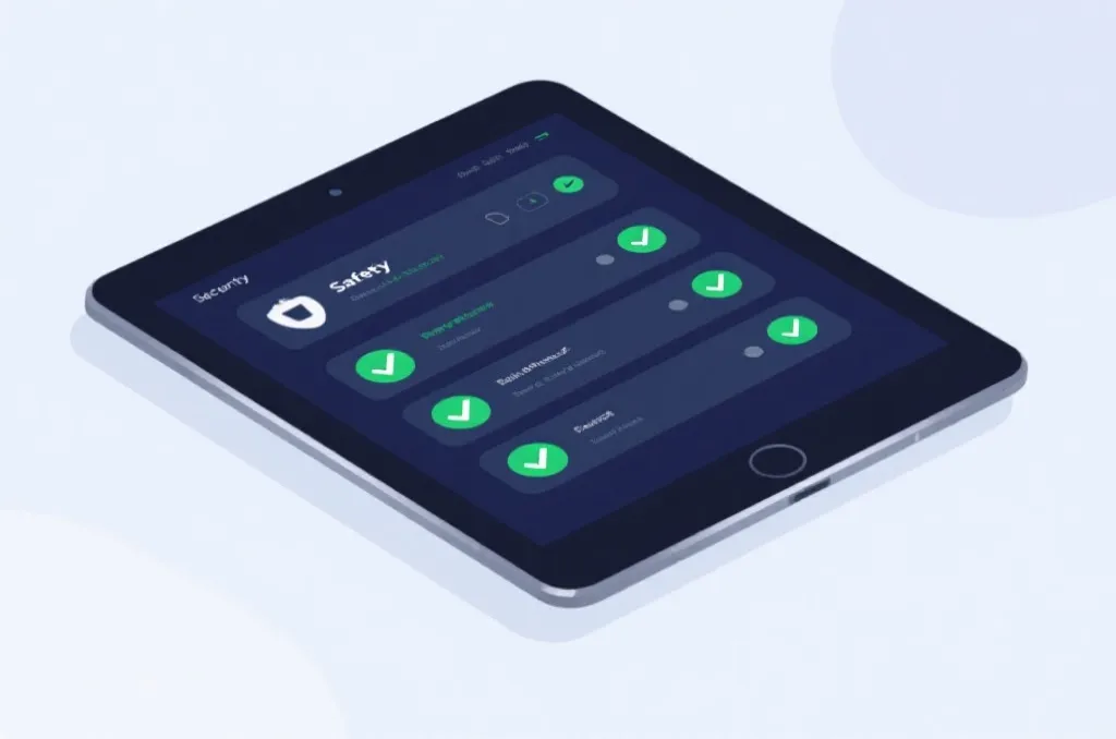 A sleek digital security dashboard on a tablet showing safety checklist, green checkmarks, data privacy concept, flat illustration style, clean aesthetic